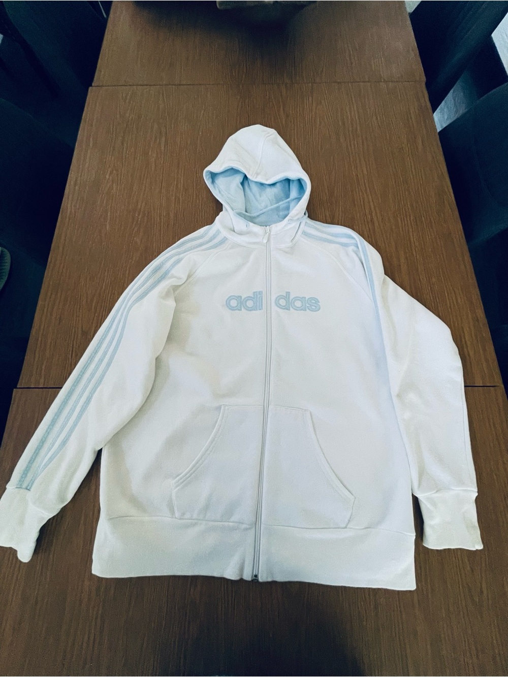adidas White and Light Blue Hooded Zip Jacket